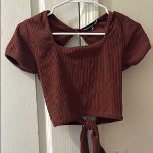 Brown Ribbed Tie-Front Top